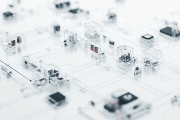 Poster - Transparent technological components on a white background creating an abstract pattern