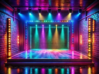 Poster - Neon Lit Stage Backdrop, Textured Walls, Concert Lighting, Night Photography Stock Photo