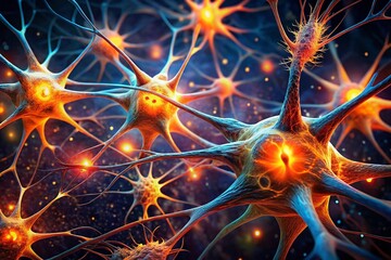 Poster - Neurons in Space:  Digital Rendering of Interconnected Brain Cells Glowing Red-Orange in a Dark Nebula