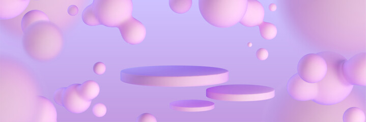 Poster - Three floating circular podiums surrounded by soft spherical blobs. Pastel pink and purple environment with flying cylinder stages and abstract fluid metaball decor elements for product presentation.