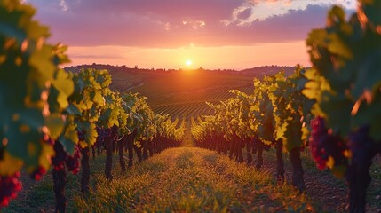 Poster - A breathtaking sunset casts a warm glow over a sprawling vineyard, with rows of green grapevines leading to the horizon. The scene captures the beauty of nature and tranquility.