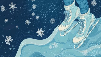 Poster - Winter skating on a frozen lake with snowflakes gently falling in a calm and serene atmosphere. Generative AI