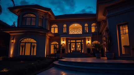 Wall Mural - A large, two-story house at night, illuminated by warm interior lighting.  The exterior is primarily tan, featuring arched windows and a prominent central entrance.  Landscaping is partially visible.