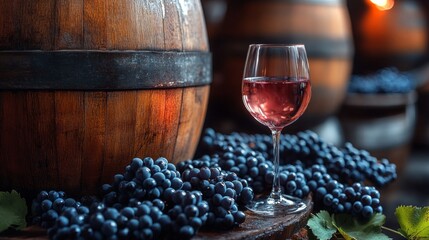 Aufkleber - A glass filled with red wine sits next to clusters of fresh grapes on a rustic table, surrounded by wooden barrels in a warm winery atmosphere during the evening.