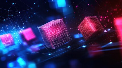 Poster - Abstract digital cubes connected by lines in vibrant neon colors.