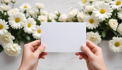 A person hands holding a blank white card against a blurred background with flowers