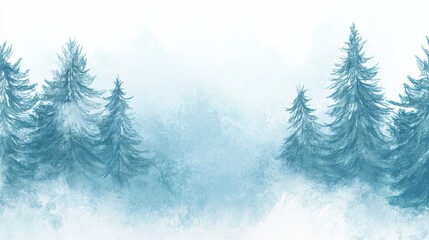 Poster - Winter themed doodle featuring tall pine trees in a misty, snowy landscape with soft blue tones and a tranquil atmosphere. Generative AI