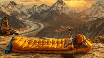 Wall Mural - Golden hour view of Himalayas, camper rests in sleeping bag.