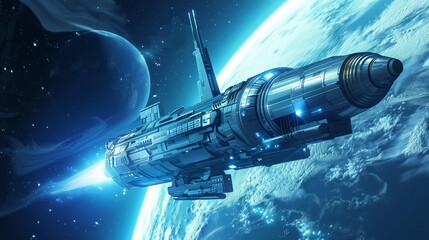 Wall Mural - a futuristic spaceship flying through space near a planet.