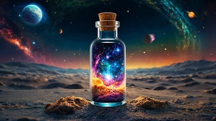 Wall Mural - Video footage of glass bottle with a cork stopper contains a vibrant, colorful galaxy, set against a cosmic background with planets and stars, creating a surreal and fantastical scene