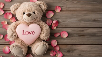 Wall Mural - A plush teddy bear holding a heart-shaped pillow labeled 