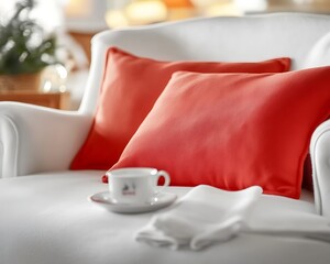 Canvas Print - Cozy armchair with red pillows, coffee cup, and napkin.