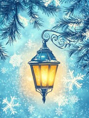 Aufkleber - Winter night brings a glowing street lantern illuminating sparkling snowflakes beneath a frosty sky. Generative AI