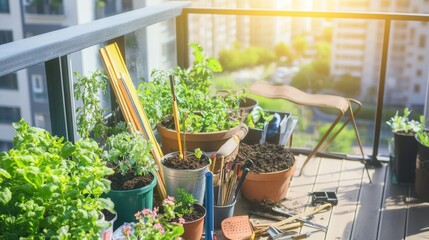 Poster - A tidy urban gardening balcony, Pots, soil