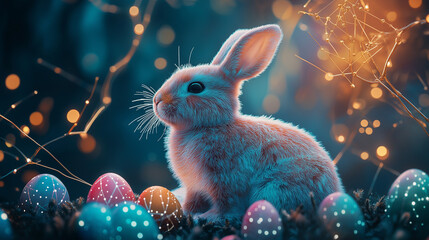 Wall Mural - easter bunny with colorful easter eggs in basket , technological style with digital light