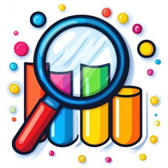 Poster - Magnifying glass analyzing colorful bar graph.