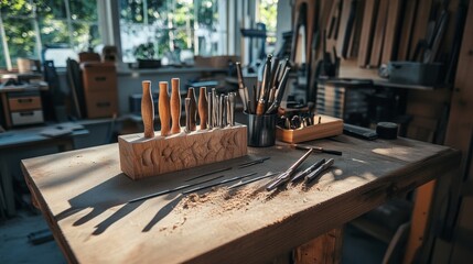 Poster - A tidy wood carving bench with chisels and a block of wood neatly set up, A well-lit workshop with clean surfaces and organized tools, Minimalist craftsmanship style