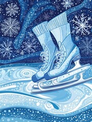 Poster - Winter themed doodle of ice skates on a frozen lake surrounded by snowflakes and a starry night sky. Generative AI