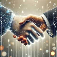 Wall Mural - 3D Abstract handshake with digital lines and bokeh lights representing global business connections concept as An image showing a handshake overlaid with digital lines and soft bokeh lights symbolizing