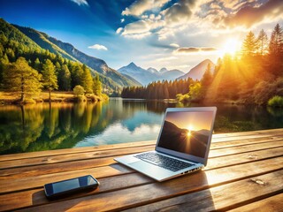 Poster - Serene Lakeside Laptop & Mobile Workspace: Nature's Productivity Boost