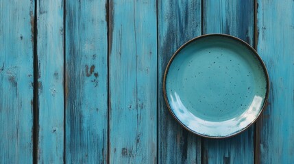 Wall Mural - Wooden table with blue plate