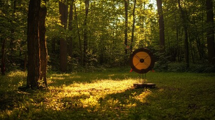 Poster - A tranquil archery range amidst a lush forest setting, Bow and arrows elegantly displayed, Natural outdoor style