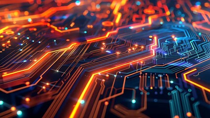Poster - Futuristic Circuit Design with Dynamic Orange and Blue Light Trails