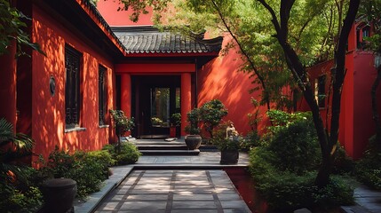 Poster - Red building courtyard with lush green plants, stone pathway, and traditional Asian architecture.