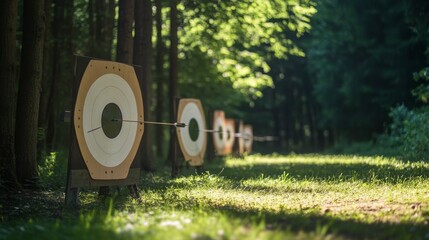 Poster - A tranquil archery range amidst a lush forest setting, Bow and arrows elegantly displayed, Natural outdoor style