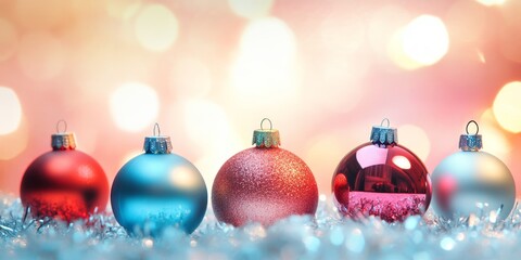 Wall Mural - Christmas ornaments displayed against an abstract blurred background, featuring vibrant colors and ample copy space, ideal for showcasing festive themes and capturing the essence of Christmas.