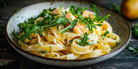 Wall Mural - Fettuccine pasta garnished with crab and arugula displayed on a dark wooden table, showcasing the delightful combination of flavors in this fettuccine pasta dish, captured in shallow focus.