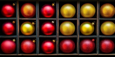 Wall Mural - Boxes filled with vibrant red and yellow Christmas ornaments are set against a contrasting black background, emphasizing the colors of the festive decorations.