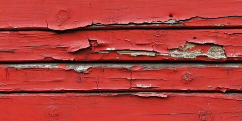 Close up of old red painted wood texture, featuring cracked and peeling details. This old red wooden surface showcases unique textures with an emphasis on the aged, peeling characteristics.