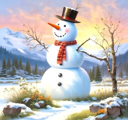 Wall Mural - Illustration of snowman with winter landscape.