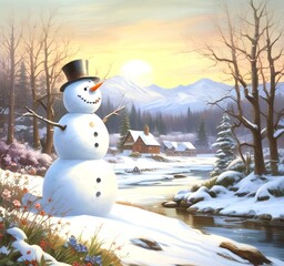 Wall Mural - Illustration of snowman with winter landscape.