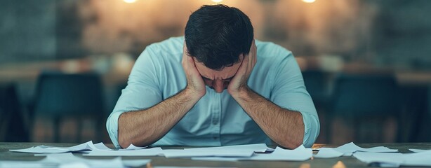 A man looks overwhelmed, with his head in his hands, surrounded by scattered papers.