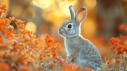 Adorable baby rabbit in autumnal flower meadow.