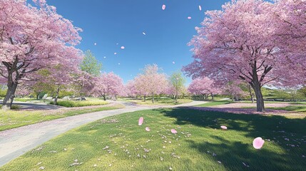 Wall Mural - A serene park scene filled with blooming cherry blossom trees under a clear blue sky.