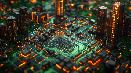 Poster - futuristic cityscape circuit board conceptual 3d illustration with glowing skyscrapers