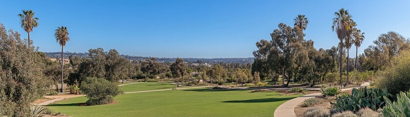 Wall Mural - A scenic park view featuring lush greenery, palm trees, and a clear blue sky.