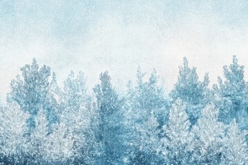Poster - Winter themed doodle featuring frosty trees in a serene snowy landscape with a soft blue hue. Generative AI