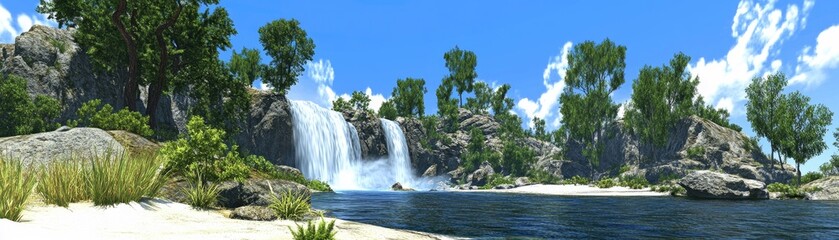 Wall Mural - A serene landscape featuring a waterfall, lush greenery, and a tranquil river.