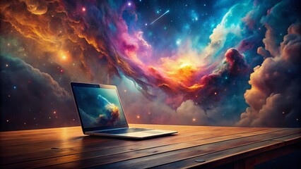 Poster - Surreal Floating Laptop on Desk, Abstract Digital Workspace, Dreamlike Office Scene
