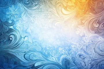 Poster - Frost patterns created by winter weather on glass showcasing intricate designs in soft blue and yellow hues. Generative AI
