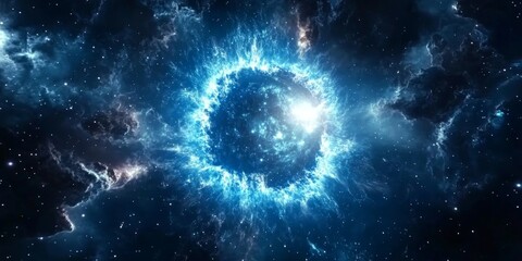 Leinwandbilder - Dynamic explosion and expansion movement showcased in a loop animation, featuring a mesmerizing wormhole effect while traveling through a blue force field surrounded by galaxies and stars.