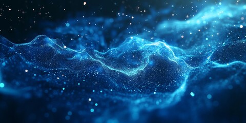 Leinwandbilder - Blue glowing multidimensional surface features intricate particles and bokeh effects, creating a stunning computer generated abstract background that captivates the viewer s imagination.