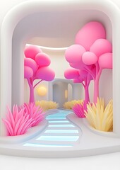 Canvas Print - Pastel pink trees line a glowing path in a minimalist 3D rendered scene.