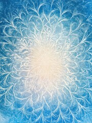 Poster - Winter frost patterns create intricate designs on glass in a bright blue hue during a cold morning. Generative AI