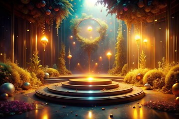 Poster - Surreal Warm Light Podium, Abstract Product Display Background, Elegant Stage