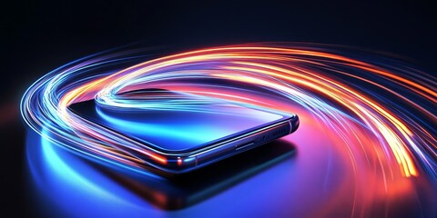 Wall Mural - A stylishly crafted smartphone showcases a captivating light trail that whirls in diverse shades against a dark backdrop, creating an enchanting visual experience.